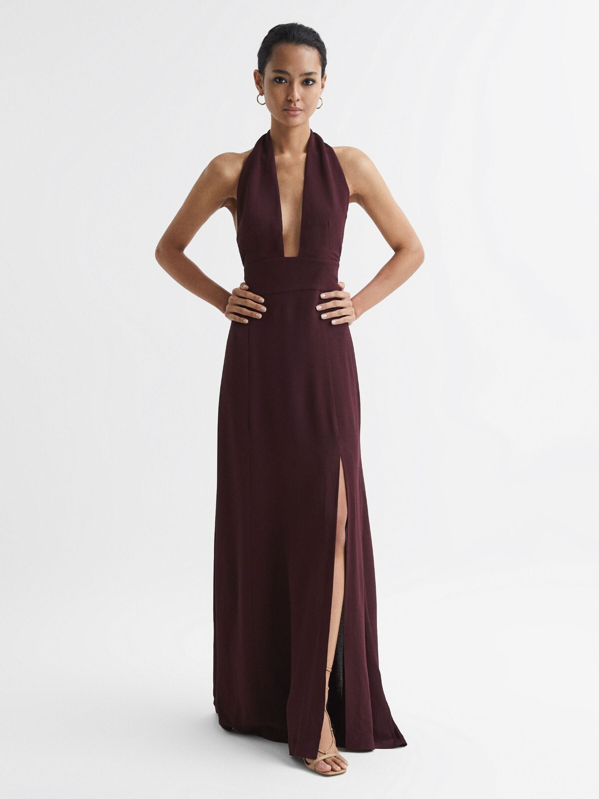 REISS Grace Maxi Dress with Detachable Cape in Burgundy