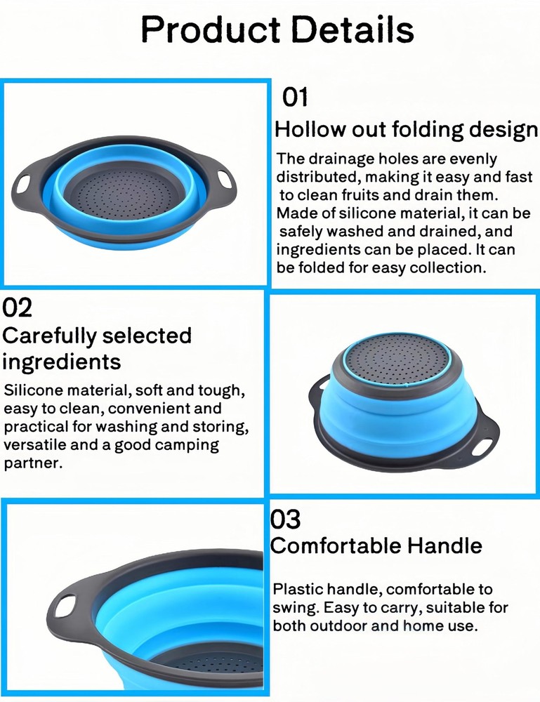 2 PCS Red Round Collapsible Silicone Kitchen Colander Plastic Handle Strainer