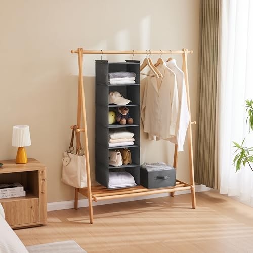 6-Tier Hanging Closet Organizer Shelf with 2 Hooks, Foldable Storage Solution -