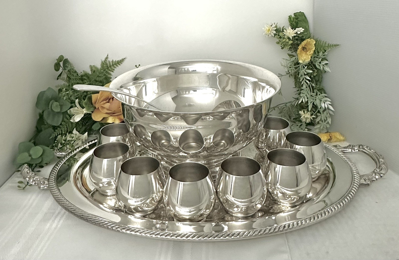 Punch Bowl Silver Plated Set Tray, Cups, Bowl, Ladle Vintage Drinkware - 14 pc