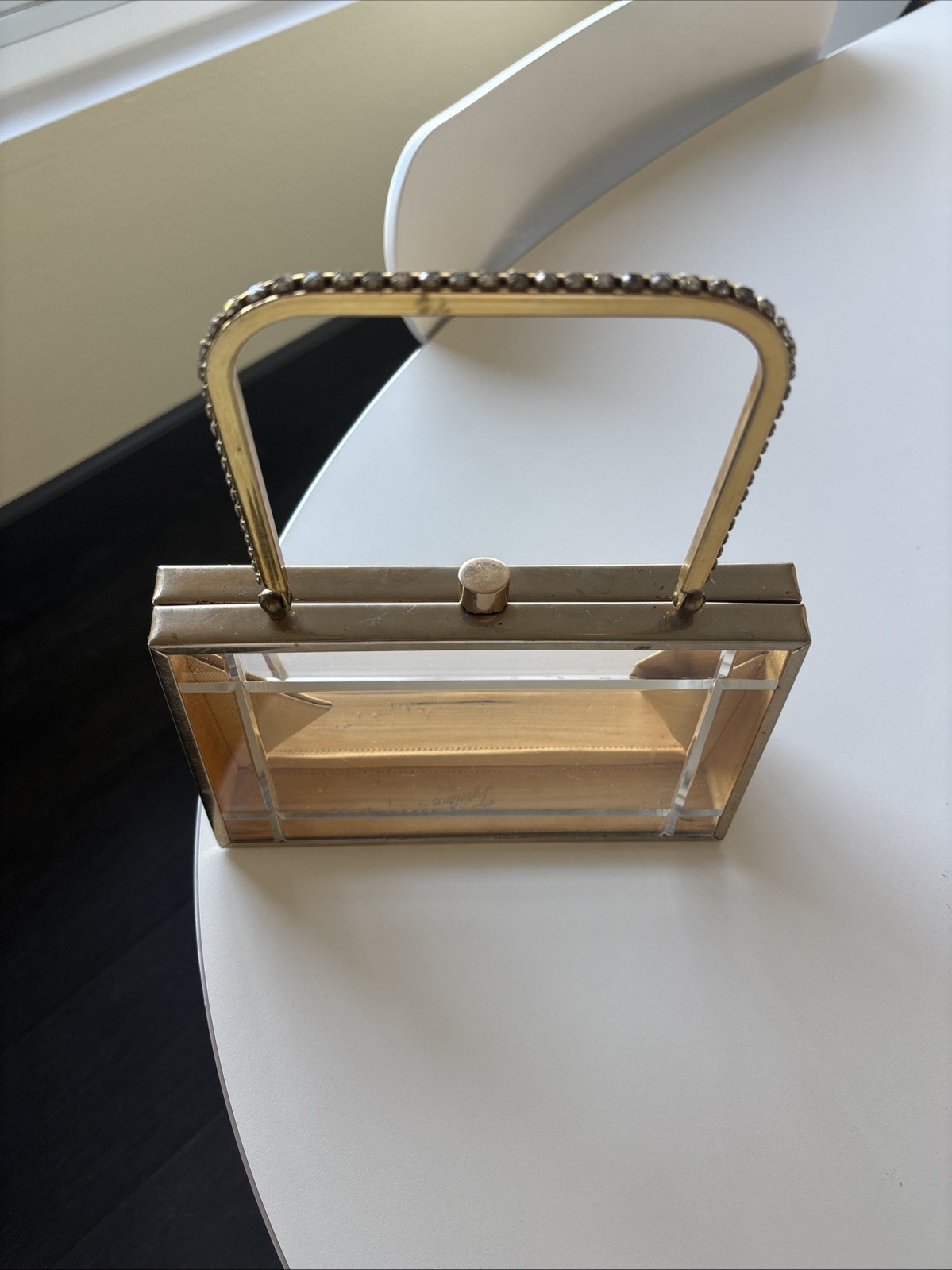 Vintage 1950s Tyrolean NY lucite and gold metal rhinestones box bag