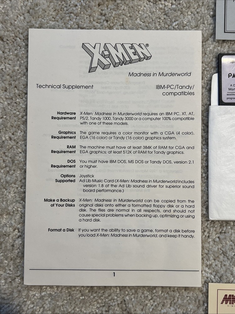 X-MEN Paragon Software Vintage 5.25” Floppy Disk A & B Plus Inserts! IBM / TANDY
