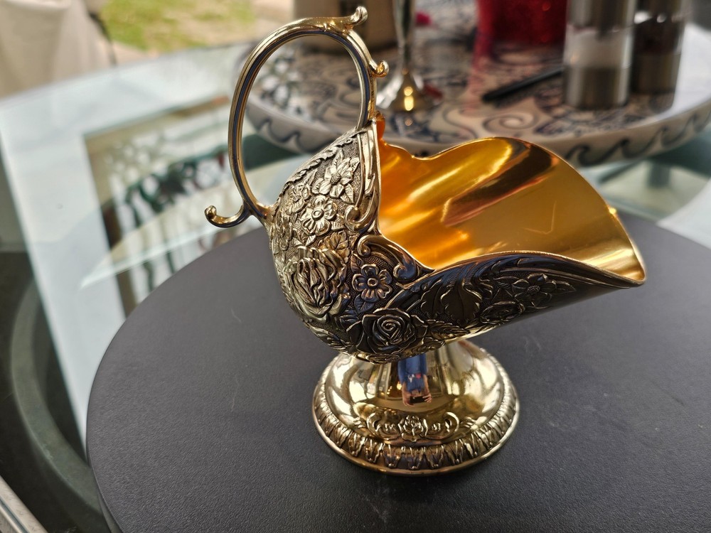 Vintage Silverplate Crumb Catcher Scoop w/ Gold Wash Interior Floral Repoussé Pe