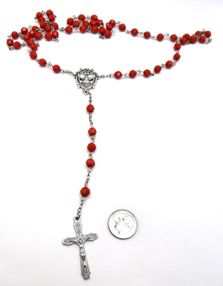 Silver Rosary Red Bead Necklace 30 in