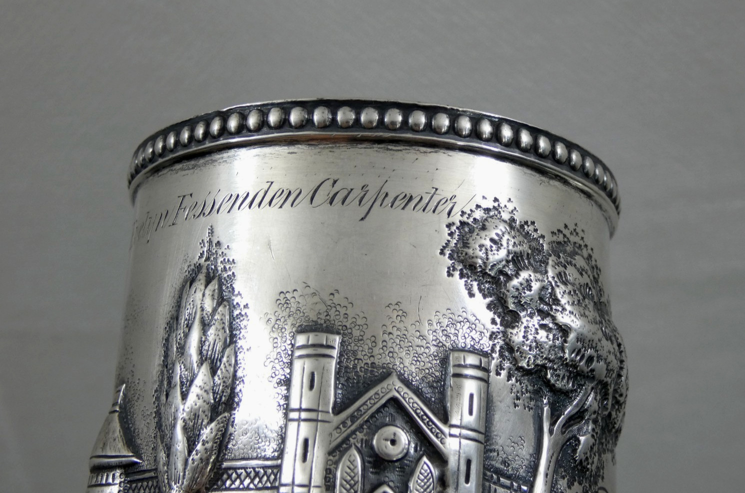 ANTIQUE AMERICAN COIN SILVER MUG CUP HAND CHASED REPOUSSE ARCHITECTURAL sterling