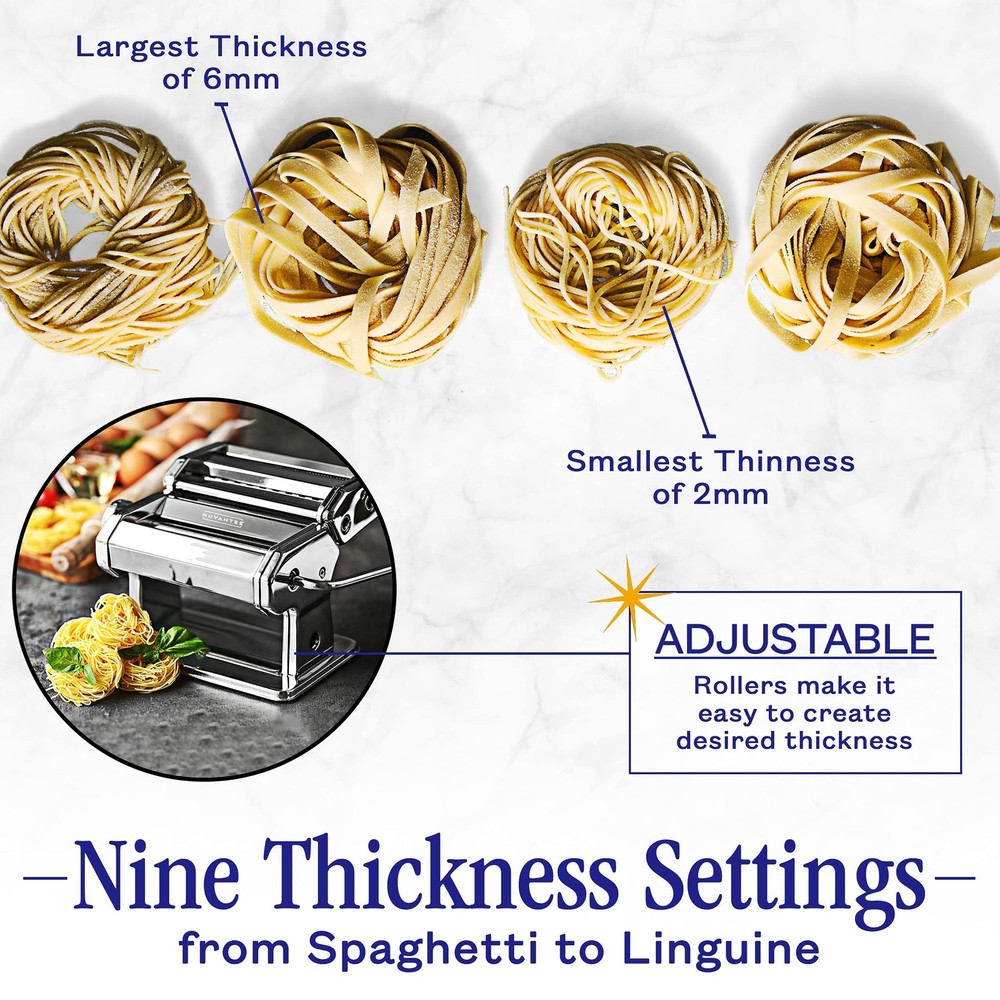 Pasta Maker with 7 Adjustable Thickness Settings - 2 in 1 Noodle Maker with R...