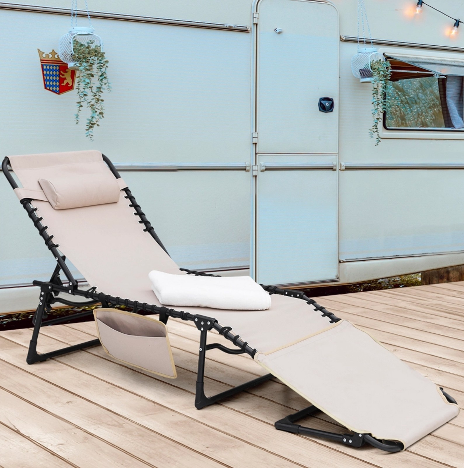 Nuu Garden Foldable Outdoor Chaise Lounge Chair Adjustable Patio Recliner Beige