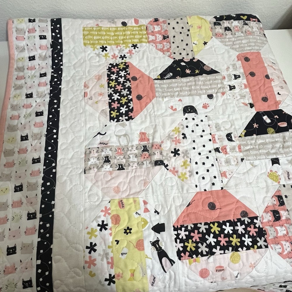 Handmade Cats and Camper Trailers Patchwork Quilt Blanket Pink