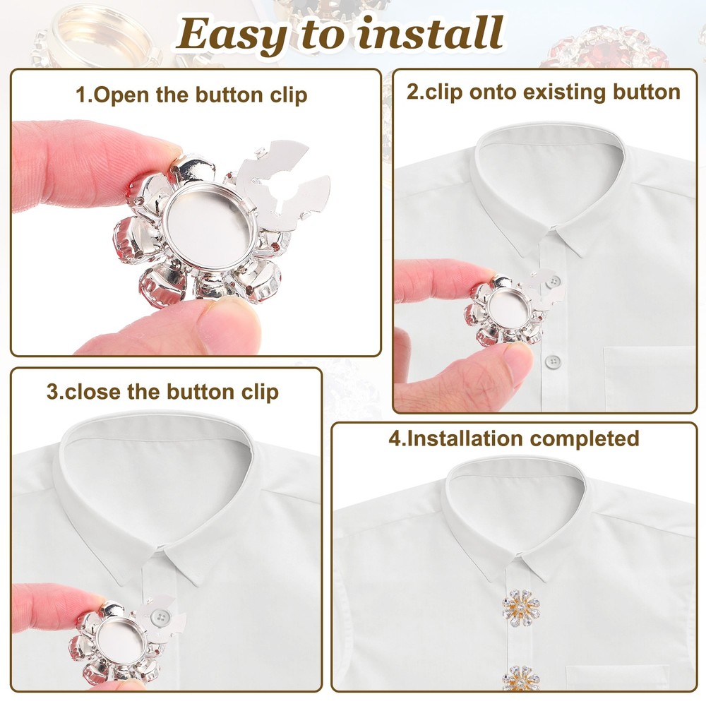 5 Pcs Rhinestone Button Covers, Water Drop Buttons, White/Gold