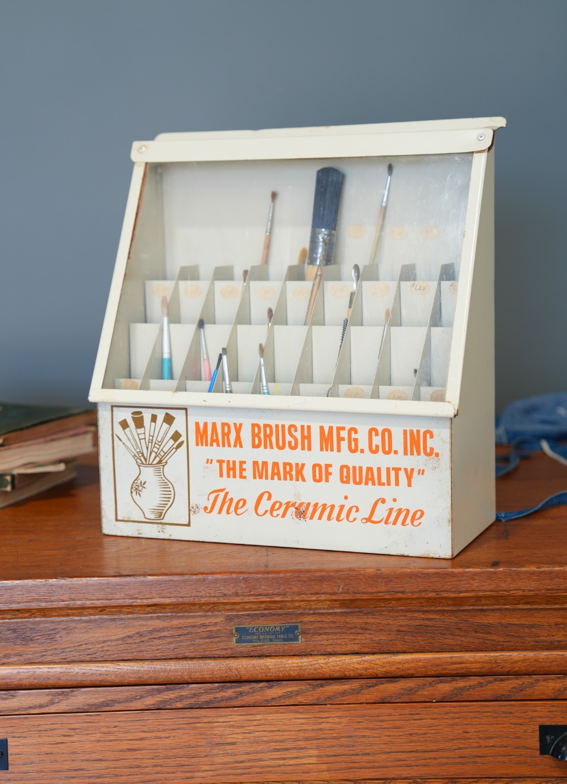 Vintage Marx Paint Brush Store Counter Display Case Antique Metal Cabinet