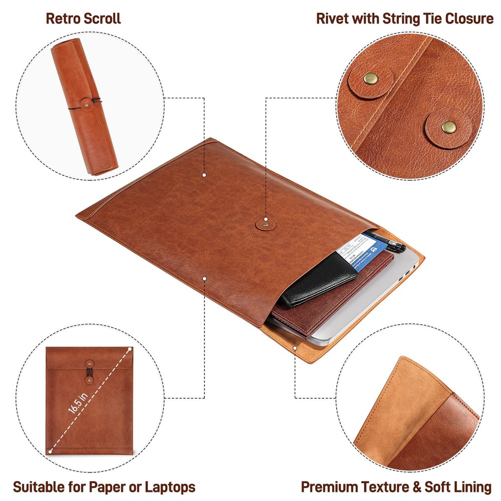 Brown PU Leather File Folder for Documents,Important Document Folder with Str...