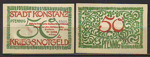 German NOTGELD KONSTANZ 50 Pfg JULI 1919 UNC
