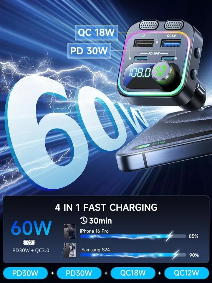 60W Bluetooth 5.4 FM Transmitter Car Adapter [Reinforced Dual Mics & Deep Bass]