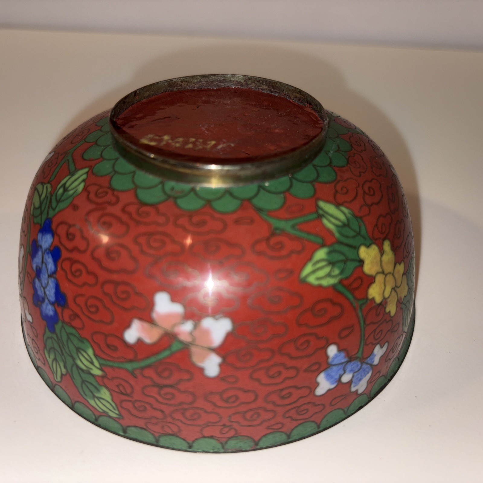 Vintage Cloisonné Enamel Bowl Maroon/green/blue China 4.5” Flowers