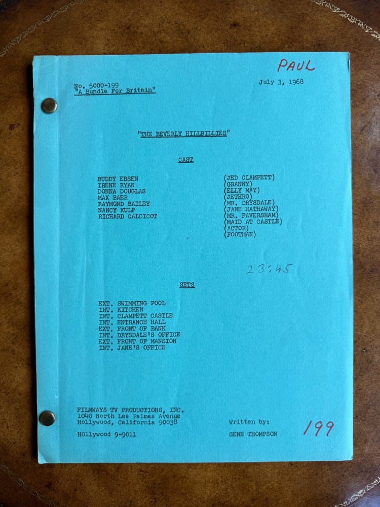 Original THE BEVERLY HILLBILLIES Tv Script - A Bundle For Britain 1968