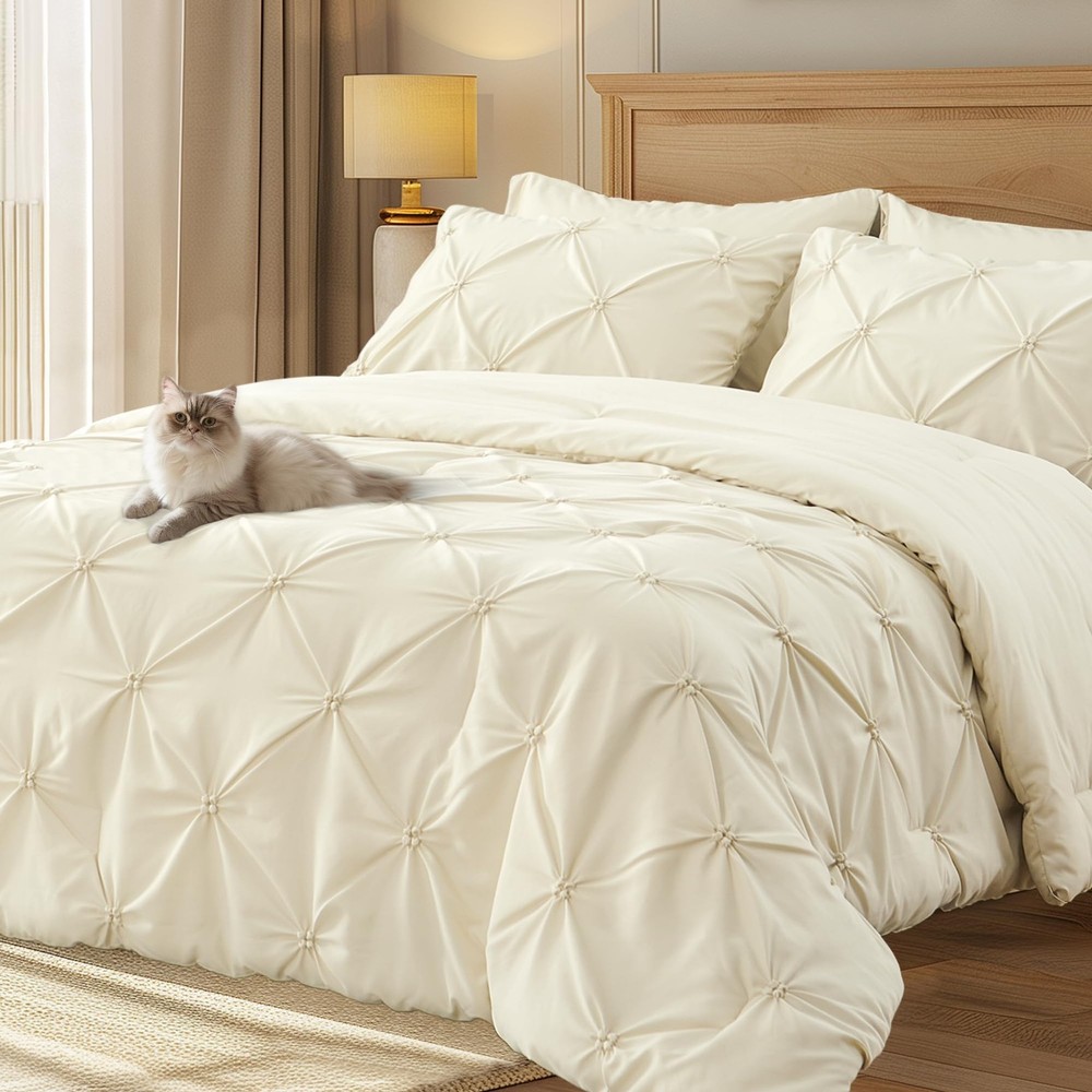 King Size Comforter Set Cream, 3 Pieces Bed Lightweight Solid Bedding Comfort...