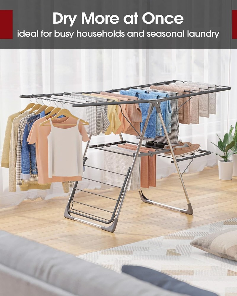 Clothes Drying Rack, Foldable 2-Level Laundry Drying Rack with Height-Adjustable
