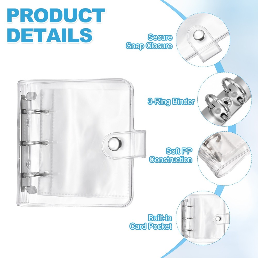 A8 Mini 3-Ring Binder Cover, Clear PP Notebook Binder with Inner Pockets, Silver