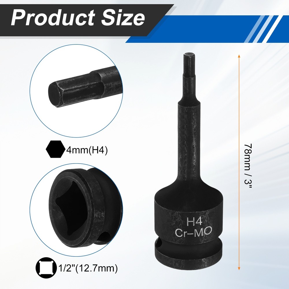 3pcs 1/2" Drive Impact Hex Bit Socket 4mm Metric CR-MO Steel Hexagonal Socket