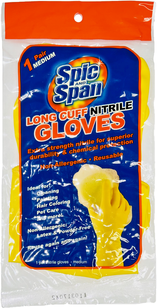 Spic and Span Long Cuff Extra Strength Nitrile Gloves Reusable Yellow Sz Medium