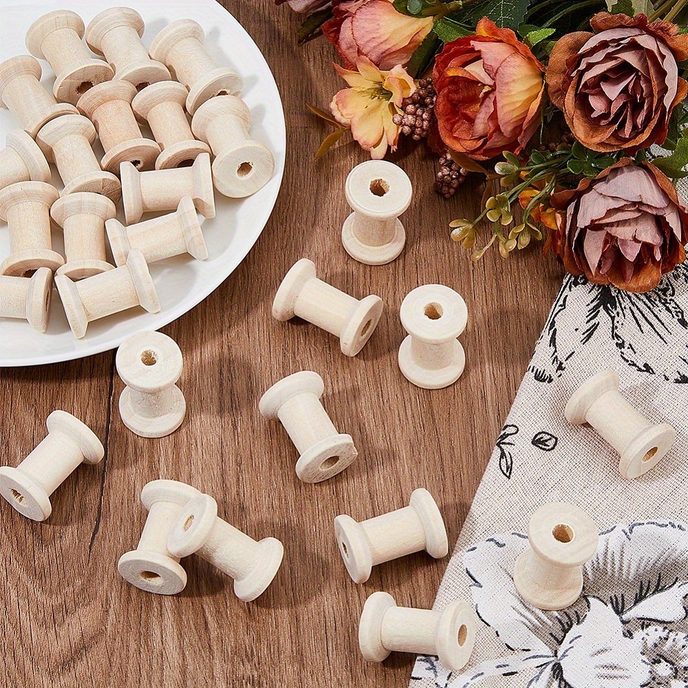 1set 30pcs Wooden Empty Spools for Wire Thread Bobbins Antique White