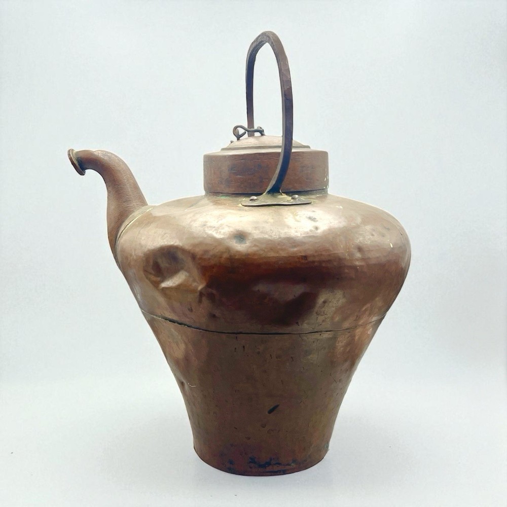 Antique Primitive Large Handmade Hammered Copper Kettle French Or German