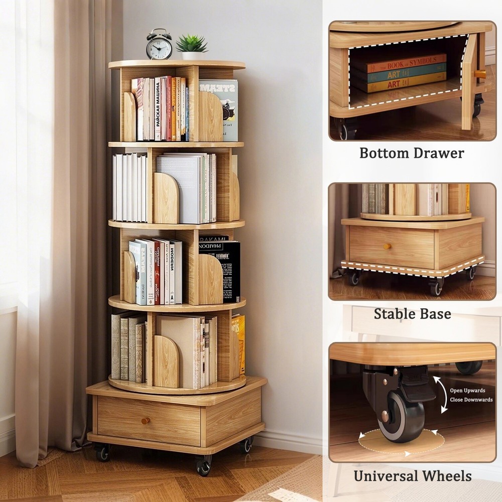 5 -Tier Rotating Bookshelf Freestanding Bookcase Storage Display Rack w/ Wheels