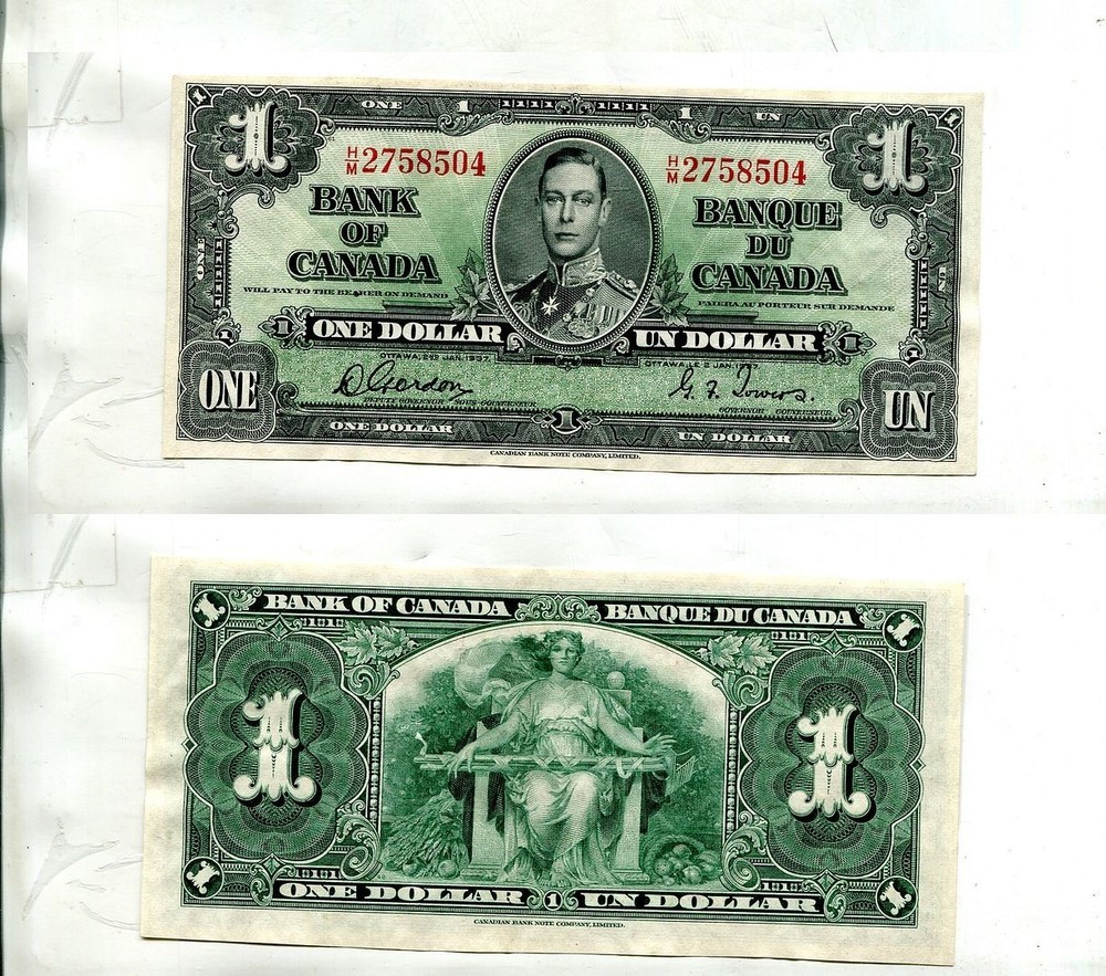 CANADA 1937 $1 CURRENCY NOTE CU 6514T