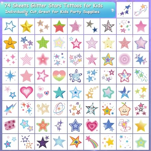 Glitter Stars Temporary Tattoos for Kids - 74 Individually Sheets | Waterproof