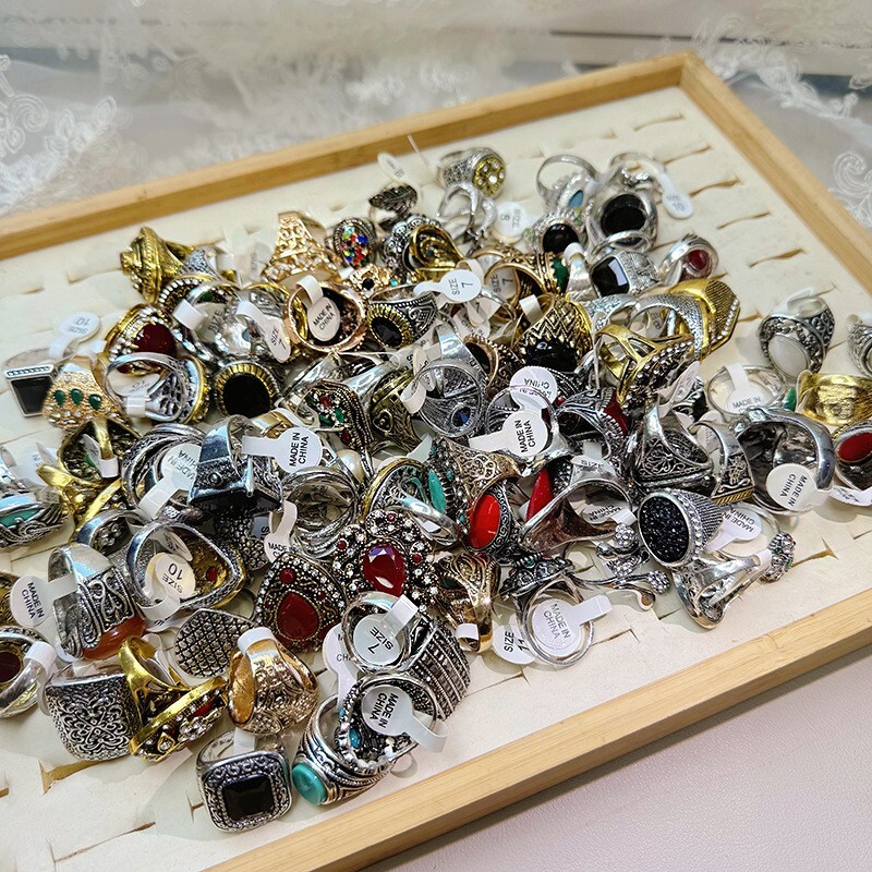 50pcs Lot Wholesale Vintage Crystal Stone Mix Style Metal Jewelry Ring Men Women