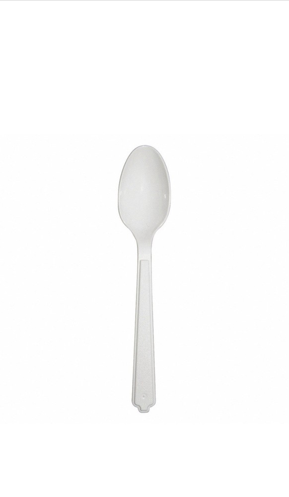 ABILITY ONE Disposable Spoon: White, Medium-Wt, Plastic, Unwrapped, 100 PK