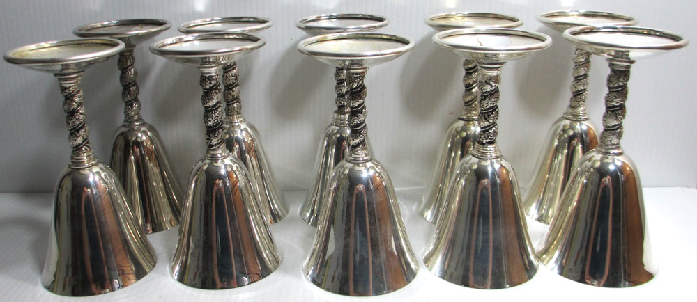 Vintage Silver-Plated Wine Goblet Stemware Spain Set 10 Twisted Grapevine Stem