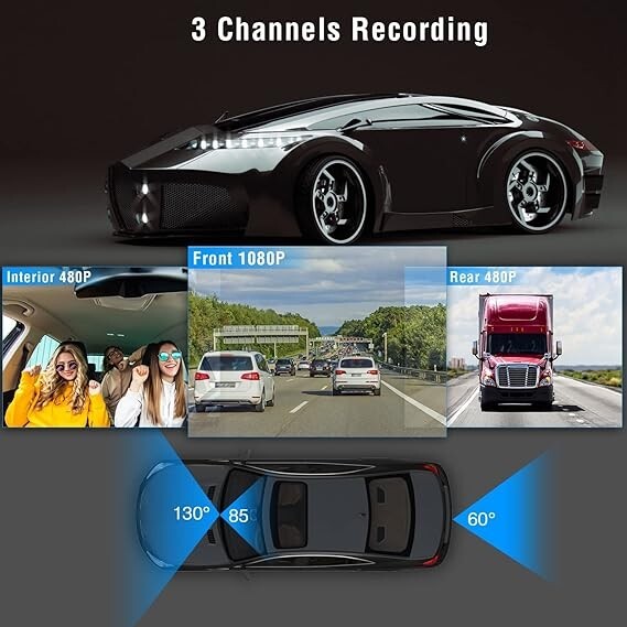 3 Channels Car Dash Camera 1296x1080P Front Inside & Rear Camera 130°Wide Angle