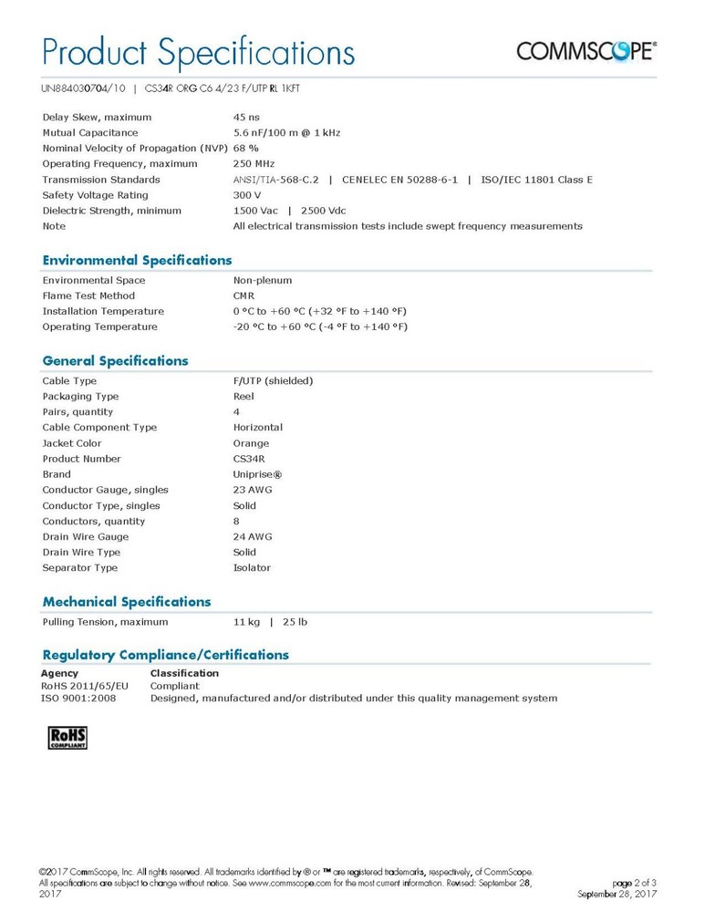 Commscope CS34R 23/4P Cat6 F/UTP WebTrak Riser Shield Network Cable Orange/100ft