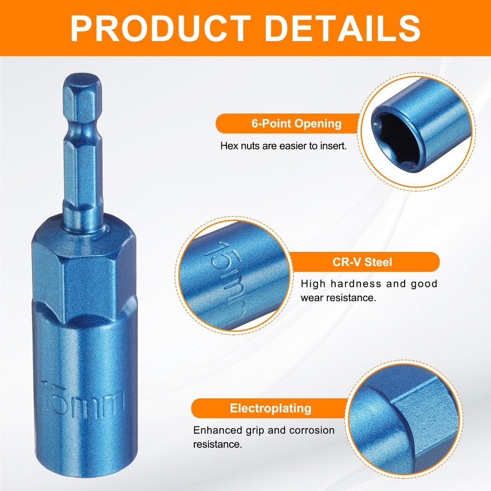 Nut Driver Drill Bit 15mm 6-Point Socket 1/4" Hex Shank Nut Setter, Blue