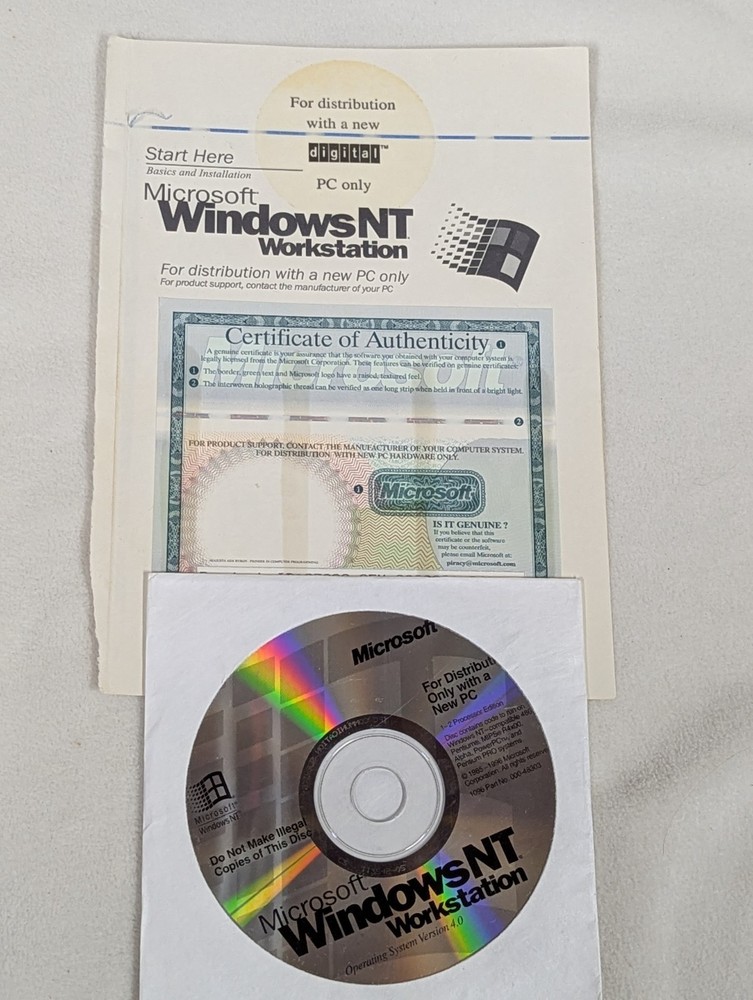 Vintage Microsoft Windows NT Workstation OS Version 4.0 w/ CD Key