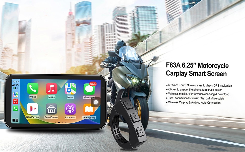 New 6.25" Motorcycle Navigator Wireless CarPlay Android Auto with HD Camera