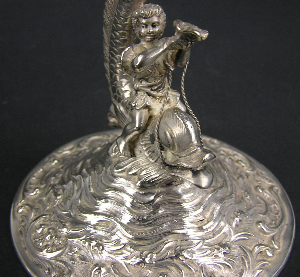 Pair Old 800 Silver German Sweet Meat Compotes Putti Riding Dolphin Hanau 627g