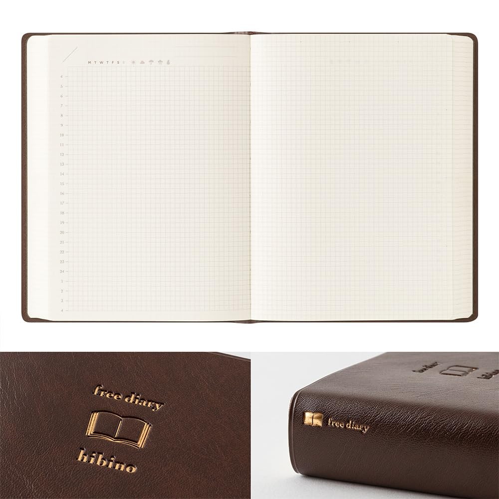 Midori Hibino Free Diary, A6, 2 Pages per Day, Brown, 15396006
