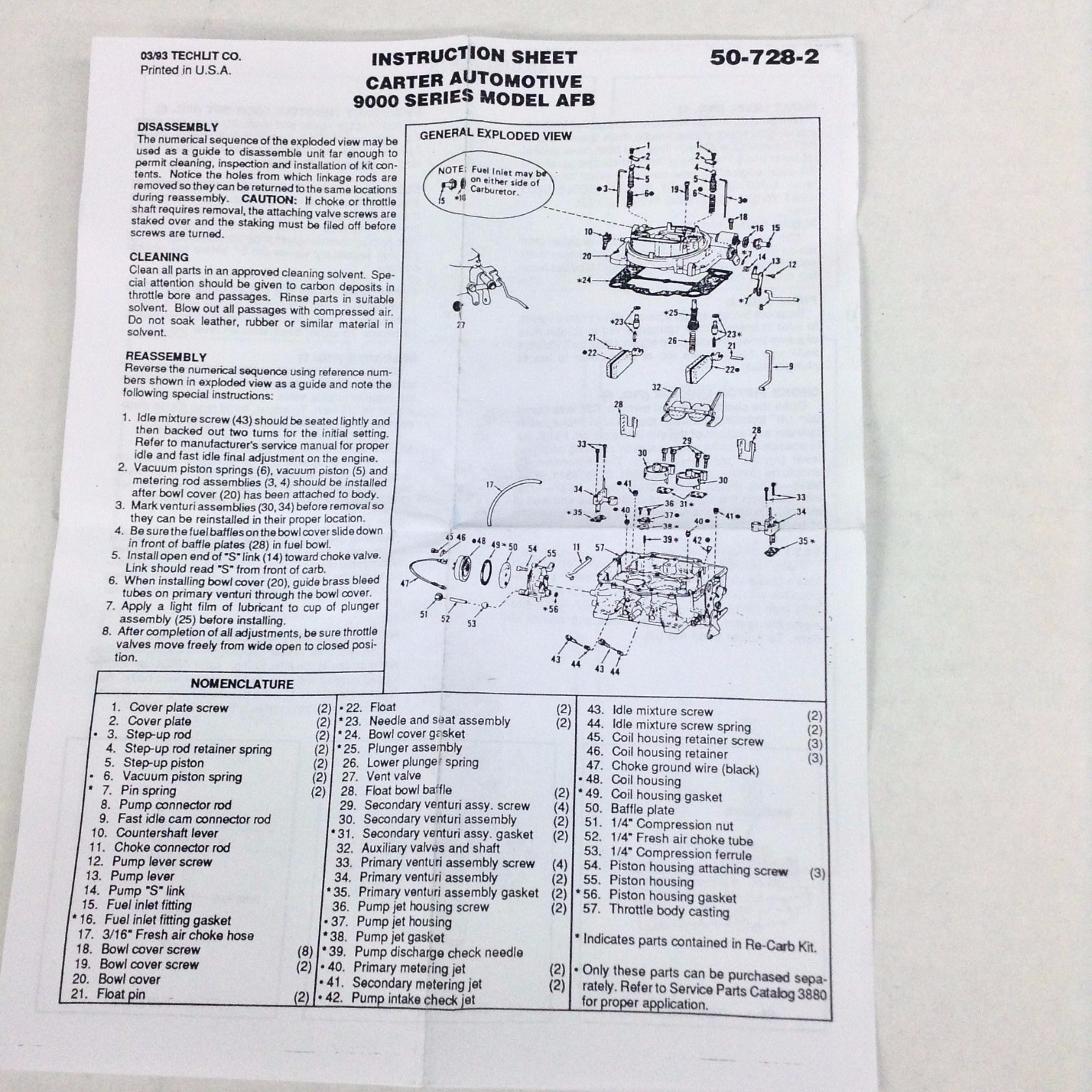 Edelbrock Carburetor Rebuild Kit 1400 1403 1404 1405 1406 1407 1409 NON STICK