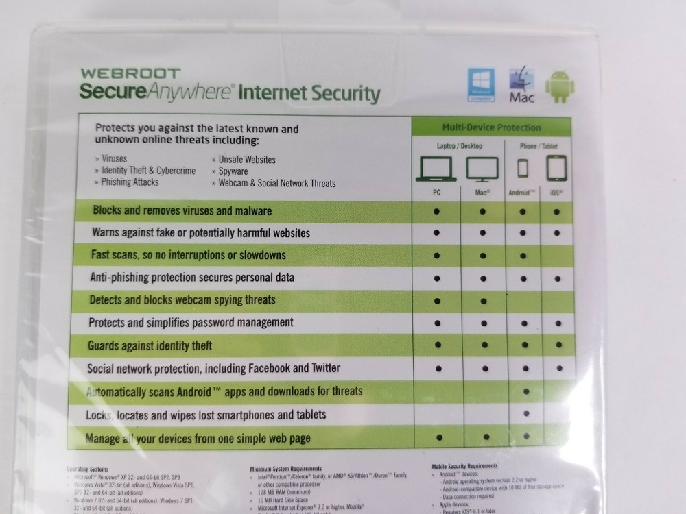 Webroot Secure Anywhere Internet Security Plus (3 Devices) Factory Sealed