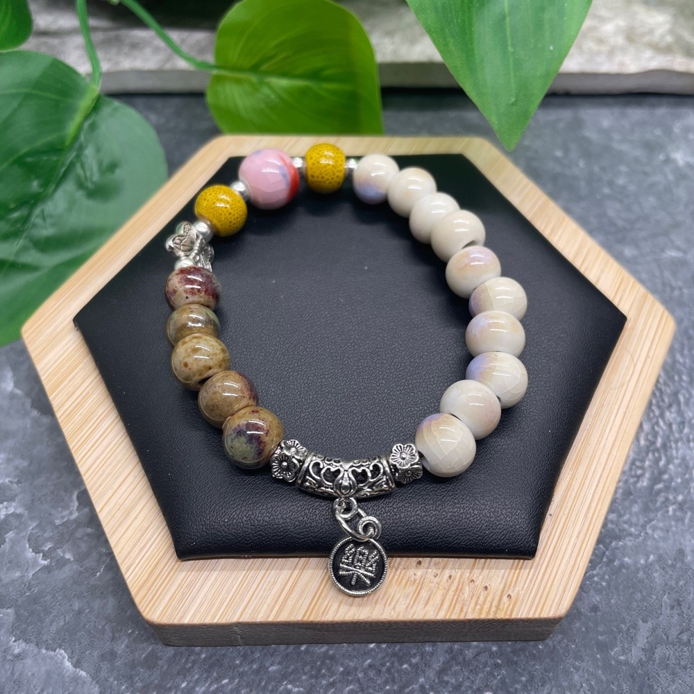 Handmade Ceramic Bead Beaded Stackable 6.25” Plus Stretch Bracelet New B507