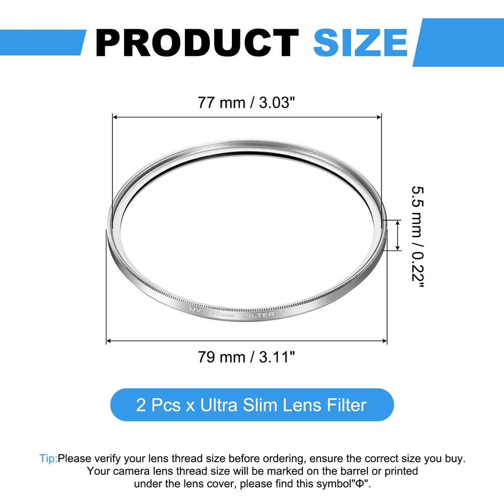 2Pcs 77mm Ultra Slim Lens Filter Multi Coating Camera Len Filter, Silver