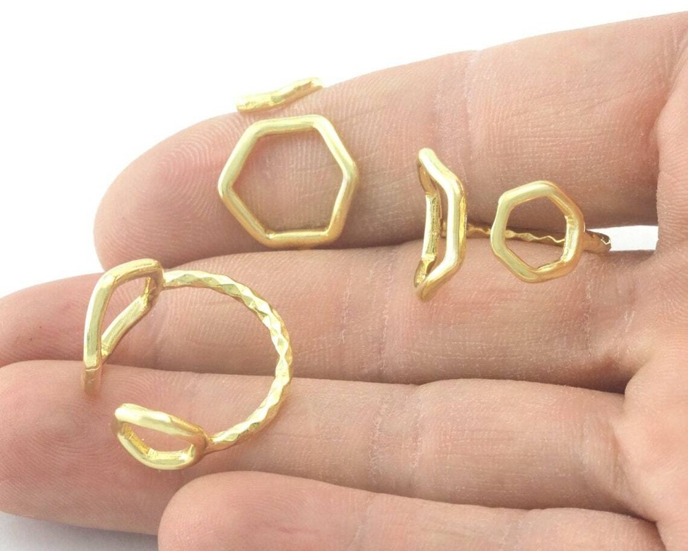 Hammered Hexagonal Circles Frames Adjustable Ring Raw Brass 5US - 8US  size 4354