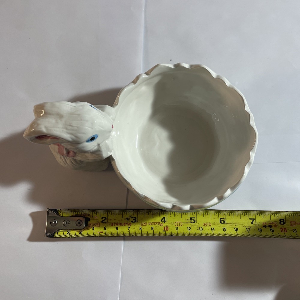 Ceramic Easter Egg Bowl with Bunny Flowers Vintage