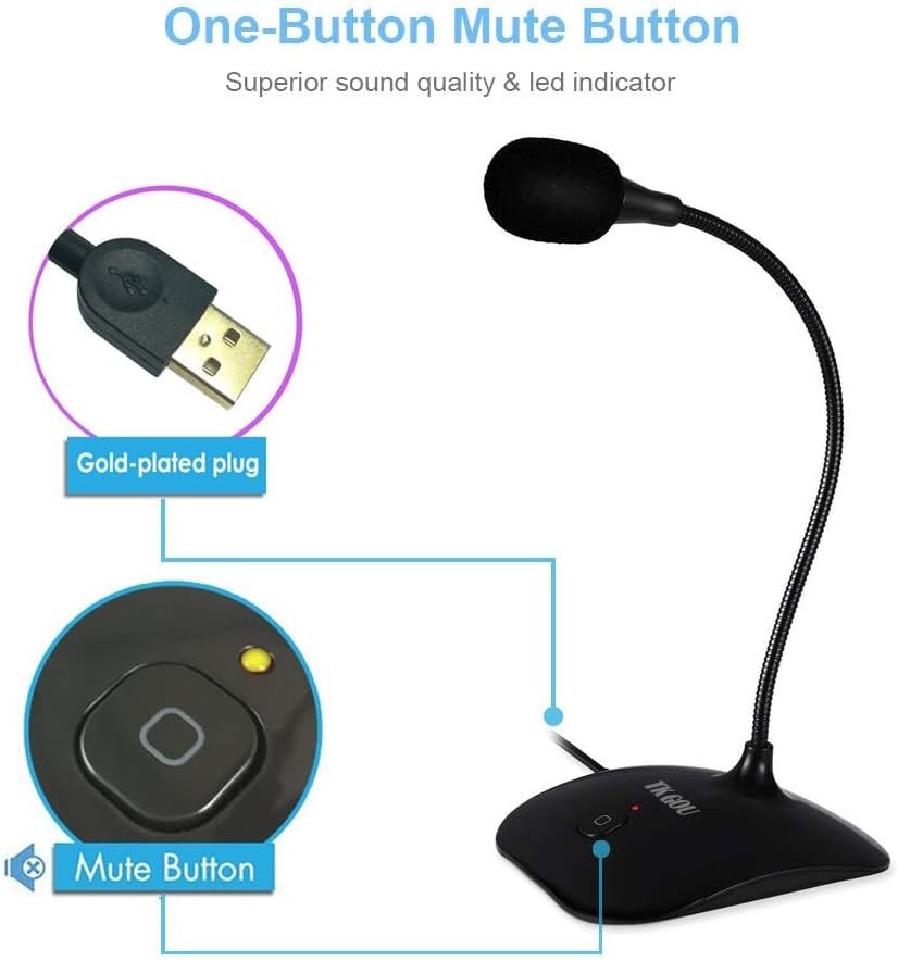 USB Microphone, 360 Degree Adjustable Gooseneck Design, Mute Button & LED Indica