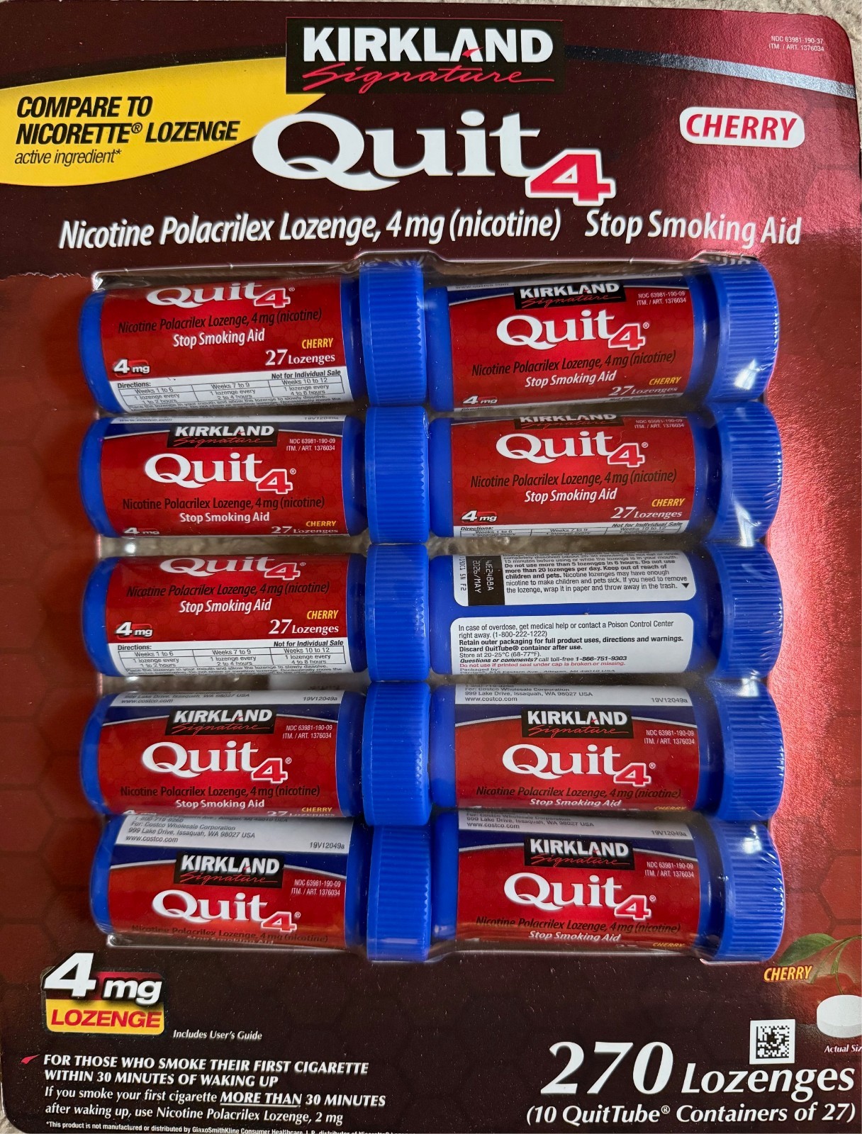 Kirkland Signature Quit 4mg, Cherry Lozenges, 270 Pieces-Exp 05/2026