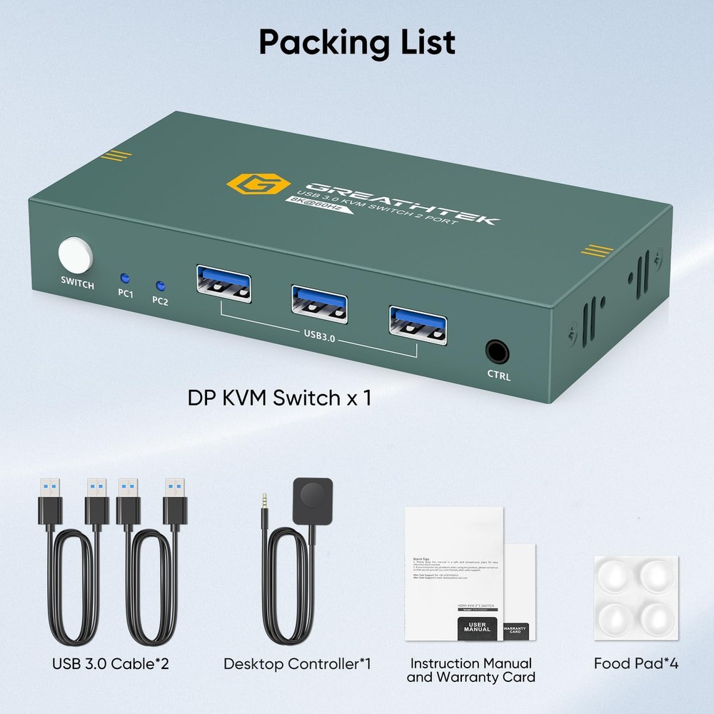 KVM Switch 1 Monitors 2 Computers Displayport 8K60Hz, USB3.0 KVM Switch Displ...