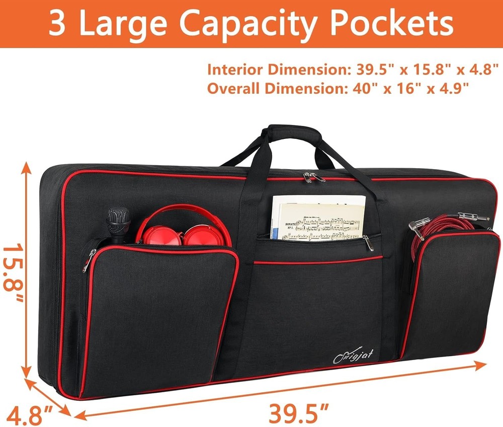 61 Key Keyboard Case with Adjustable Straps & 3 Storage Pockets, Black/Red