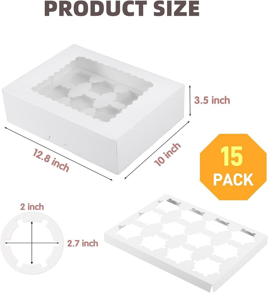 Pre-folded 12 count Cupcake Boxes, 15-Set Cupcake Container with Window Trans...